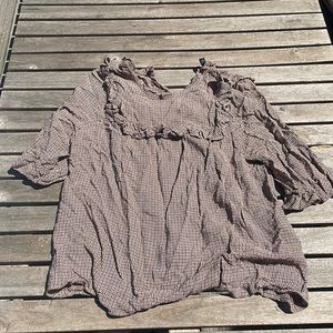 Zara plaid houndstooth prairie ruffled yoke top blouse